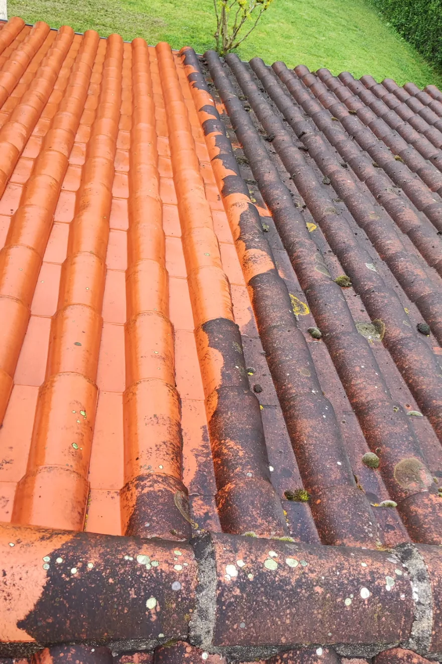 Toiture en tuiles canal pendant un démoussage : la moitié gauche nettoyée a retrouvé sa couleur orange, la moitié droite reste couverte de mousse et de lichen