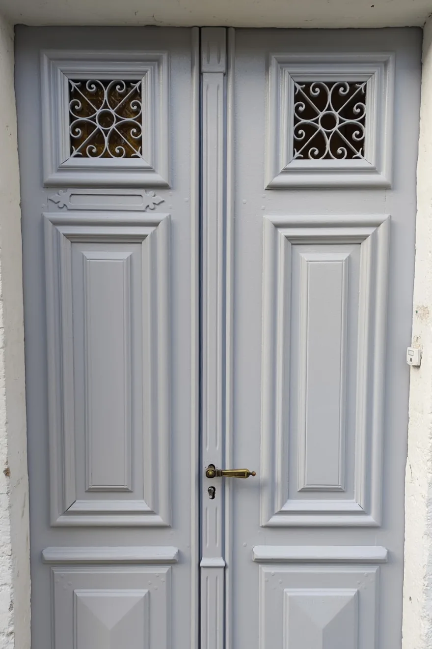Après : porte d'entrée à deux battants repeinte en gris clair, grilles en fer forgé conservées