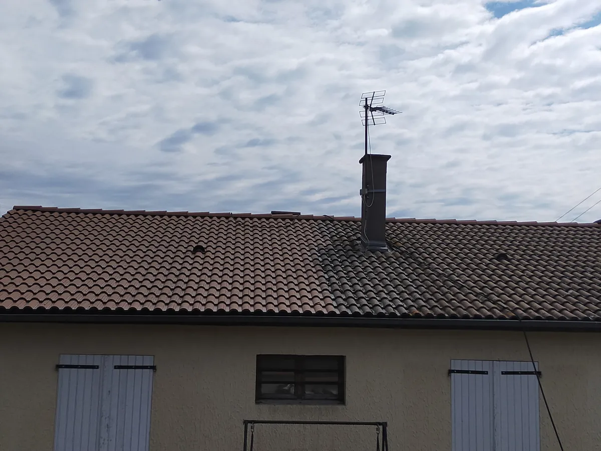 Toiture en tuiles mécaniques traitée à l'hydrofuge, teinte uniforme, vue depuis le jardin